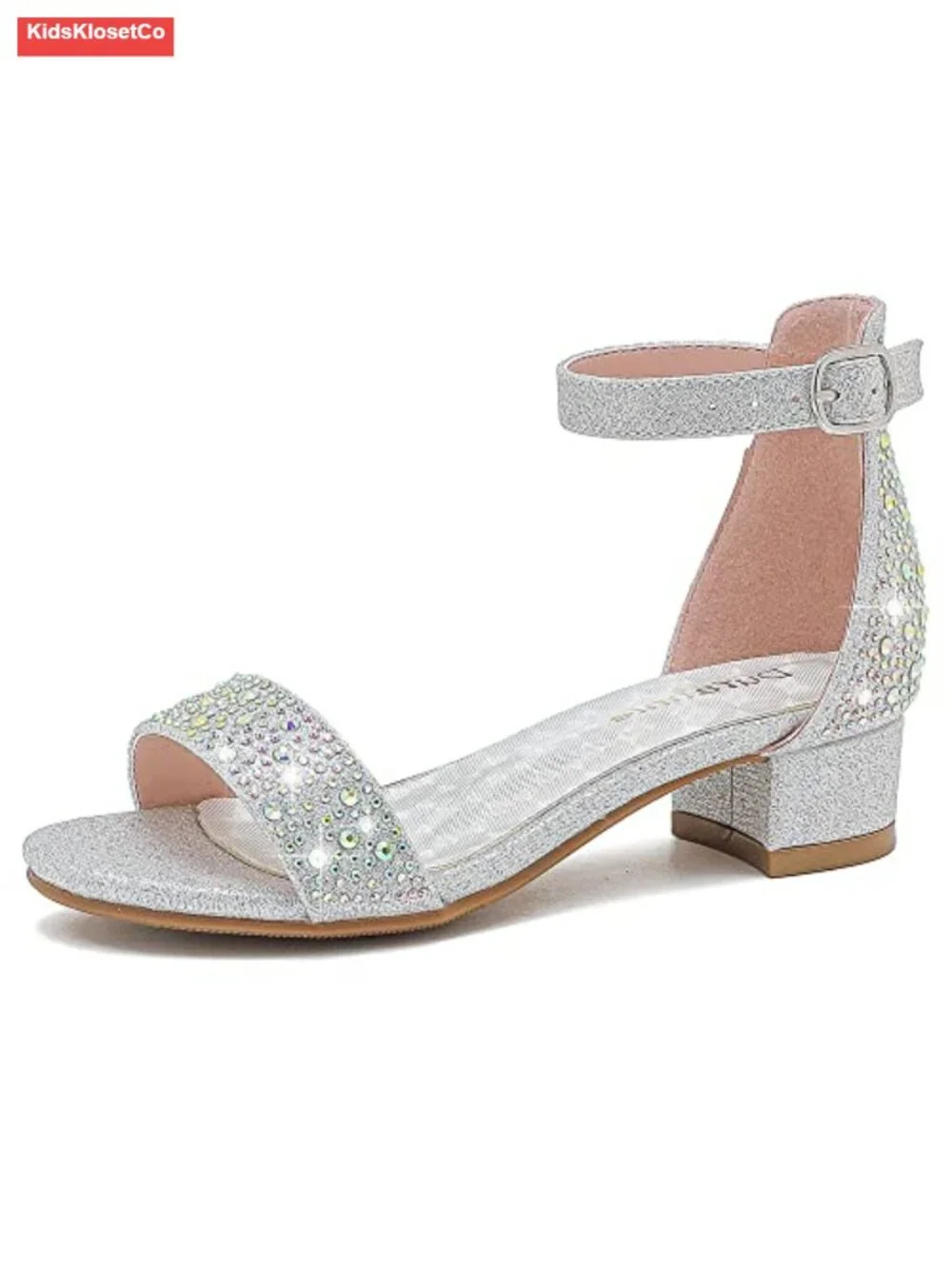 Girls Rhinestone Dress Sandals Low Block Heel Ankle Strap Flower Girl Wedding